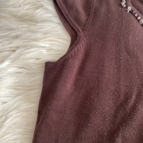 RQT brown beige white shirt sleeve v neck beaded bedazzled blouse top shirts M - Picture 10 of 16